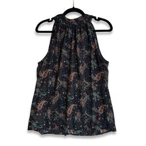 J.Crew Paisley Mock Neck Halter Top Black Red Print Size 0 Tie Neck